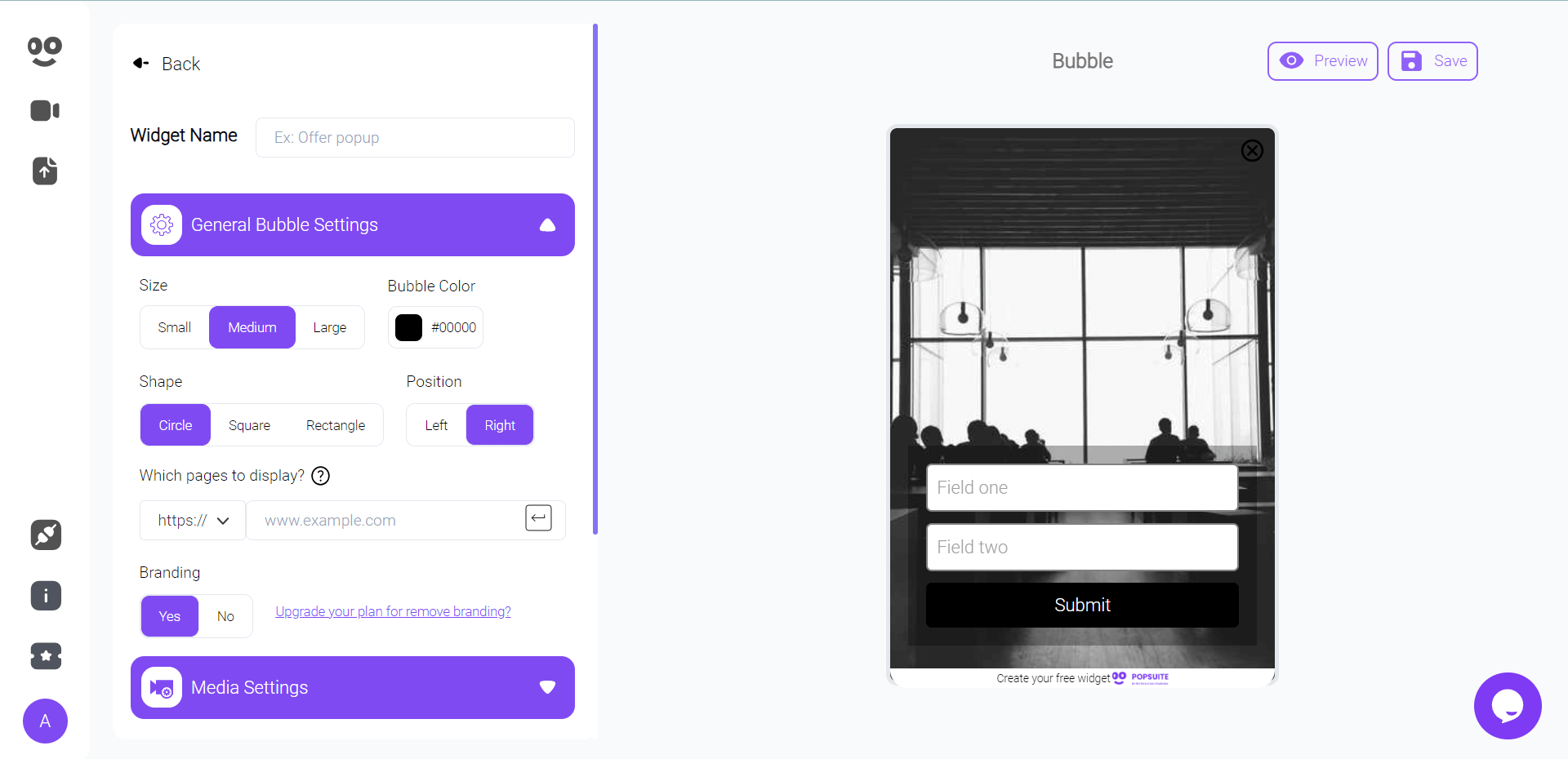 Popsuits popup widget creator - customer engagement tools displaying widget editing options like size shape and color