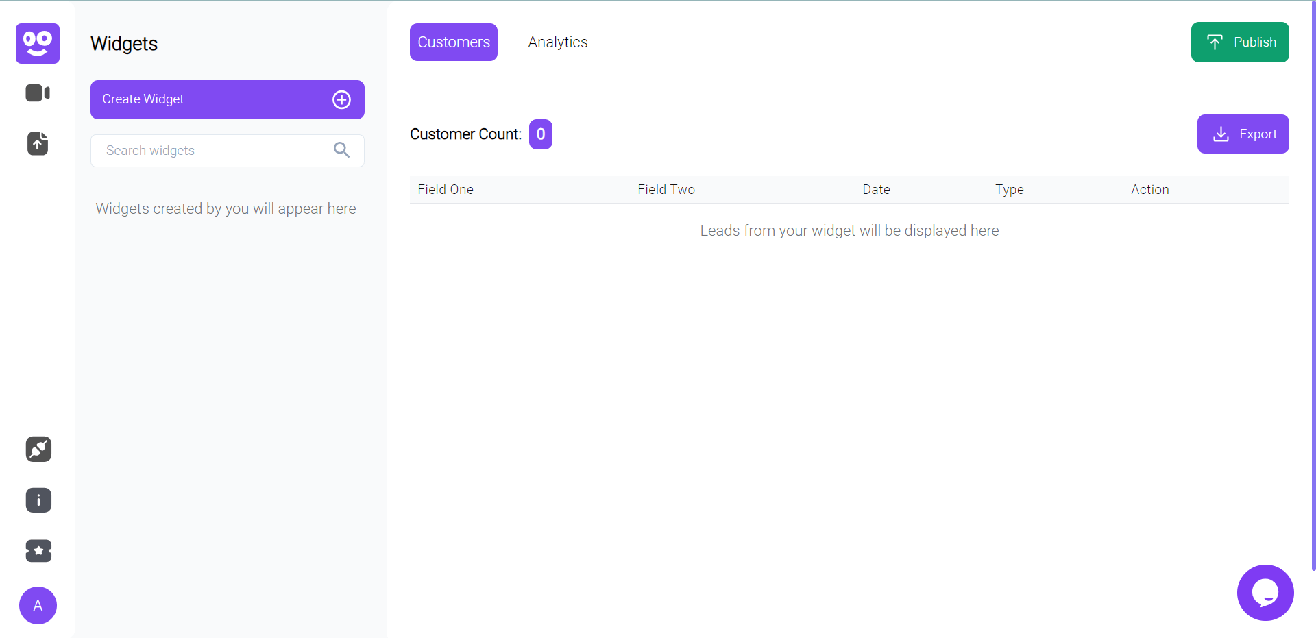 customer analytics feature displaying leads generated from the widgets with customer count and more options.