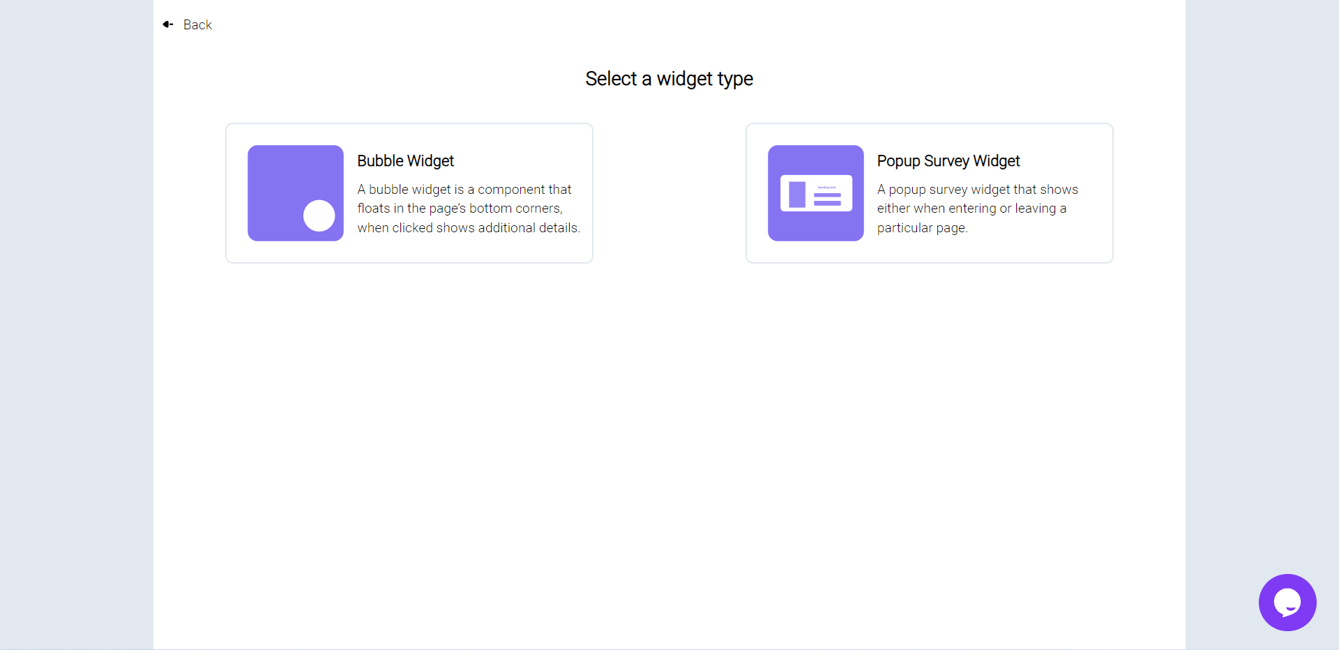 Widget Creator displaying two options of widgets survey widget and Bubble widget.