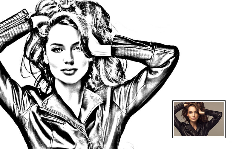 image showcases a woman before and after image Pure Sketch Photoshop action effect