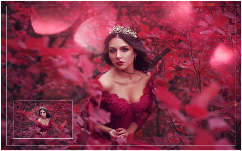 Red Bokeh effect on a picture of a beautiful girl dressed in a red gown with a crown on her head surrounded by red roses