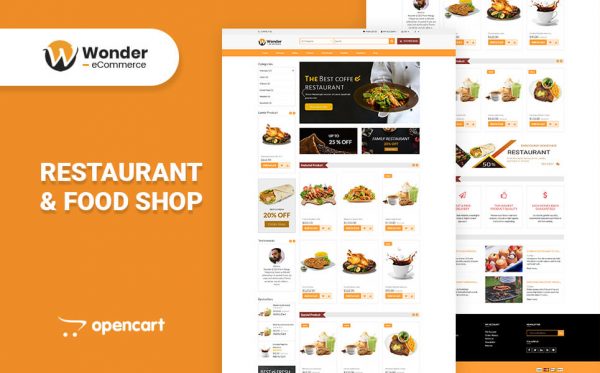 open cart theme displaying a restaurant website with all the menu items listed on the homepage