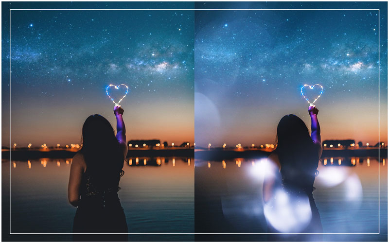 a night sky picture with a girl standing holding a heart shaped light