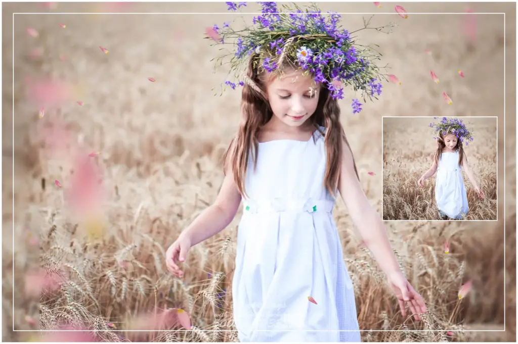 Preview of Soft Pink Tulips in use on a photo of a child in a white dress standing in a hay field