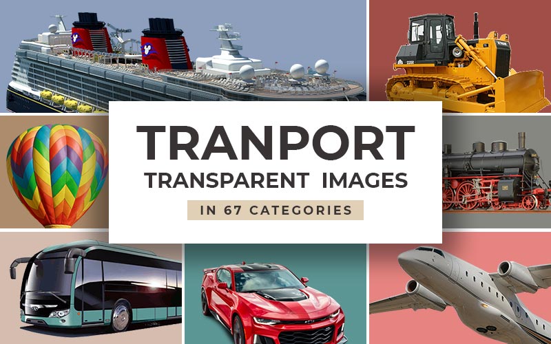 This image is a collage of various modes of transport that the transport transparent images bundle consists of.