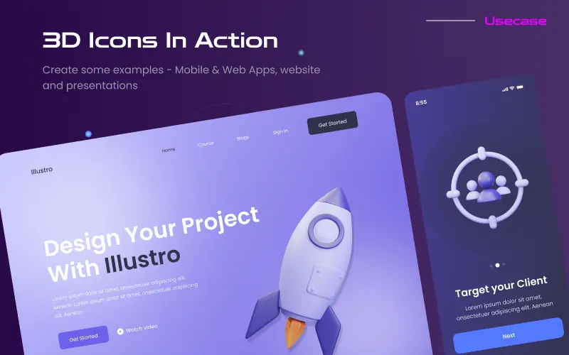 This image shows the usercase of the 3D icons illustrations bundle.