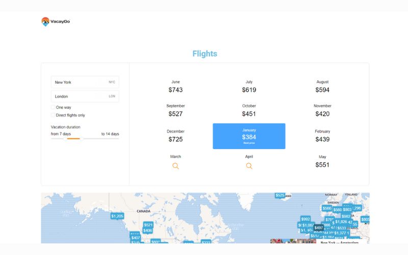VacayGo book now tool showcasing flight ticket prices in map view