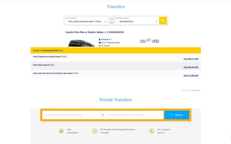 VacayGo Displaying private transfer options by car or flight