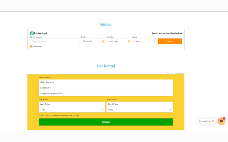 Hotel booking and car rentals option to book any hotel or car for the destination of travel