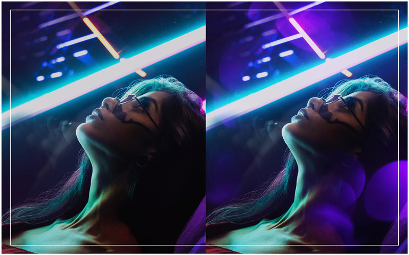 Violet bokeh effect on a sci-fi looking picture of a girl looking up with neon lights over her head