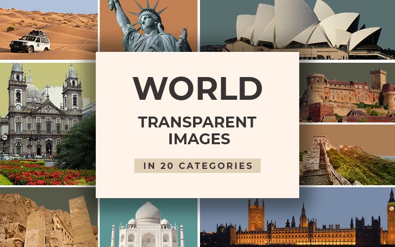 This image is a collage of various famous monuments around the world in the world transparent images bundle.