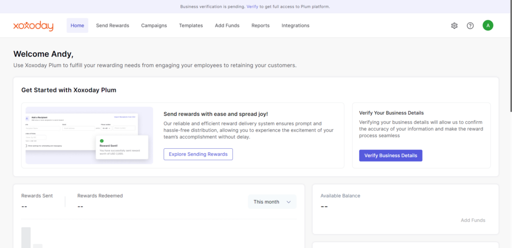 Plum Homepage displaying welcome text, Available account balance, rewards analytics, getting started instructions and more