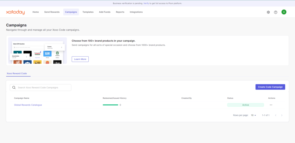 Campaigns tab of Plum displaying custom campaigns set up by the user , create code campaigns option, and global rewards catalogue.