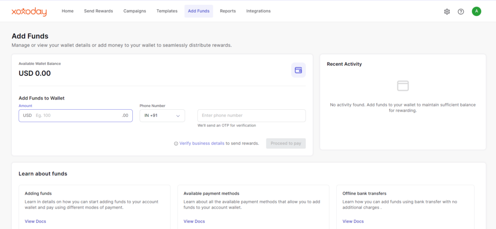 Add Funds Tab displaying add funds to wallet option, recent activity, and learn about funds