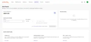 Add Funds Tab displaying add funds to wallet option, recent activity, and learn about funds