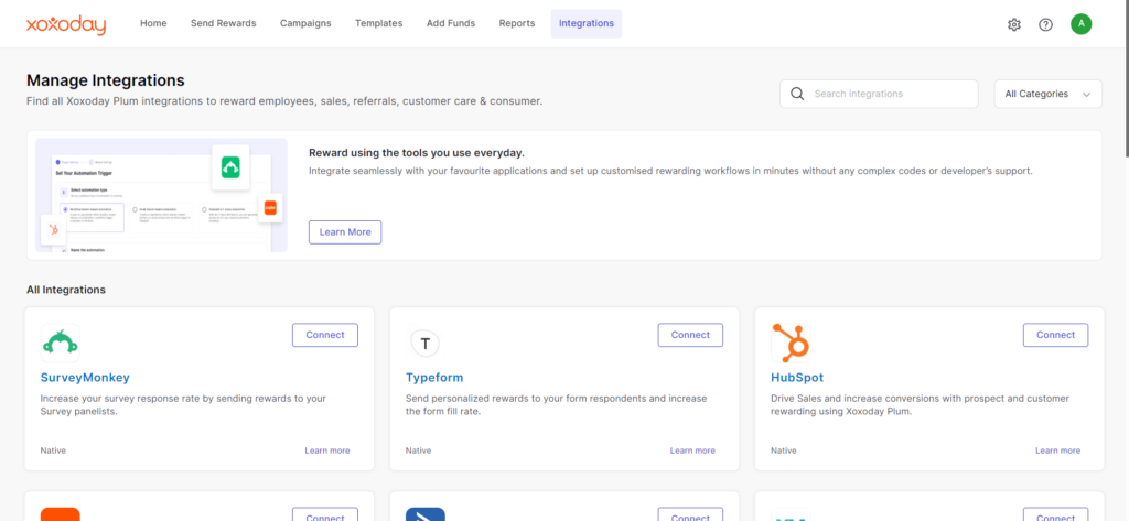 Integrations screen displaying options to manage and add integrations like survey monkey, HubSpot, Type form and more to plum