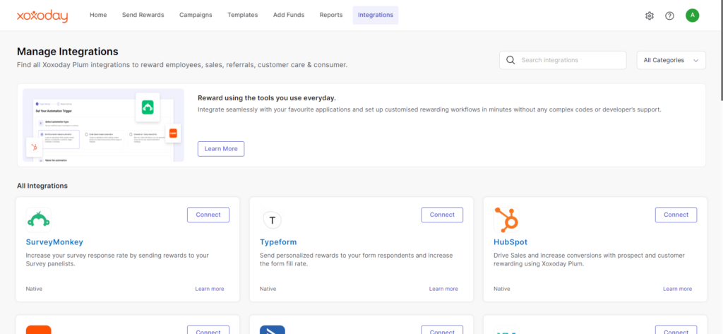 Plum- Incentives Software Integrations screen displaying options to manage and add integrations like survey monkey, HubSpot, Type form and more to plum