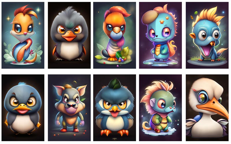 Colorful cartoon characters portraying animals with fierce and enraged expressions