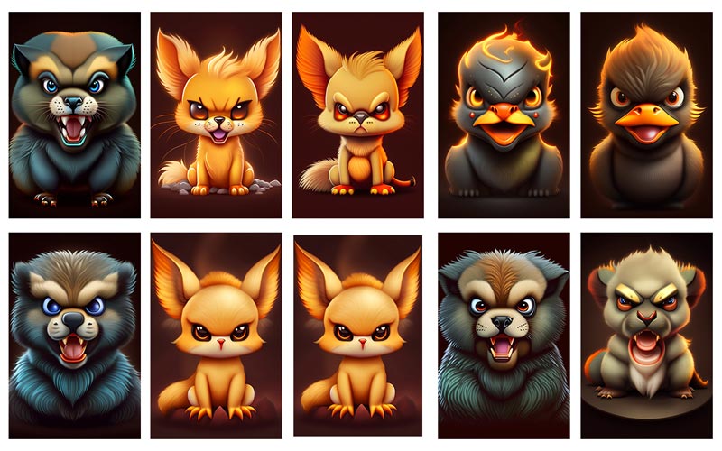 Angry cartoon animals in action, with dynamic poses and fiery expressions