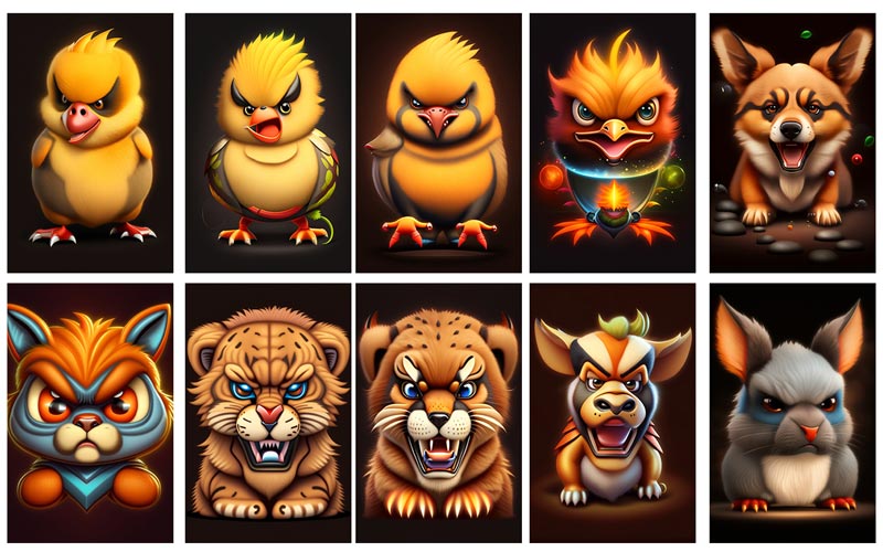 A collection of animated animal characters exhibiting fierce and angry emotions