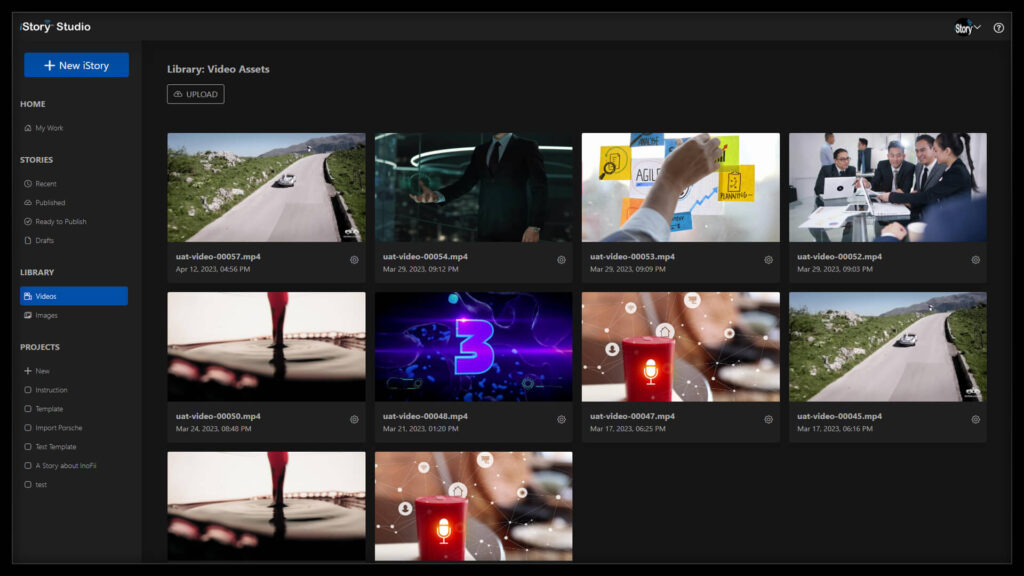 iStory Interactive Storytelling tool video library displaying all the video assets saved and drafted in the tool
