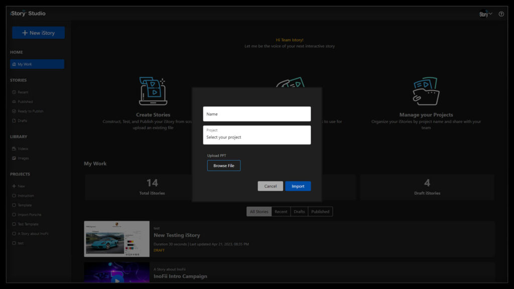 iStory tool to create new project and import files to make them interactive