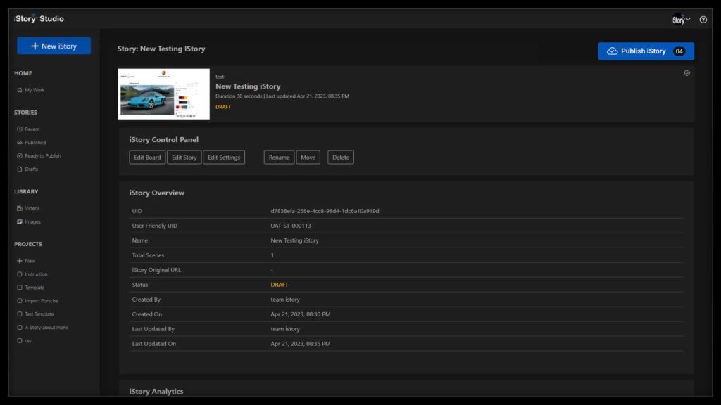 iStory Interactive Storytelling tool Control panel displaying details of a story drafted , editing options and the publish button