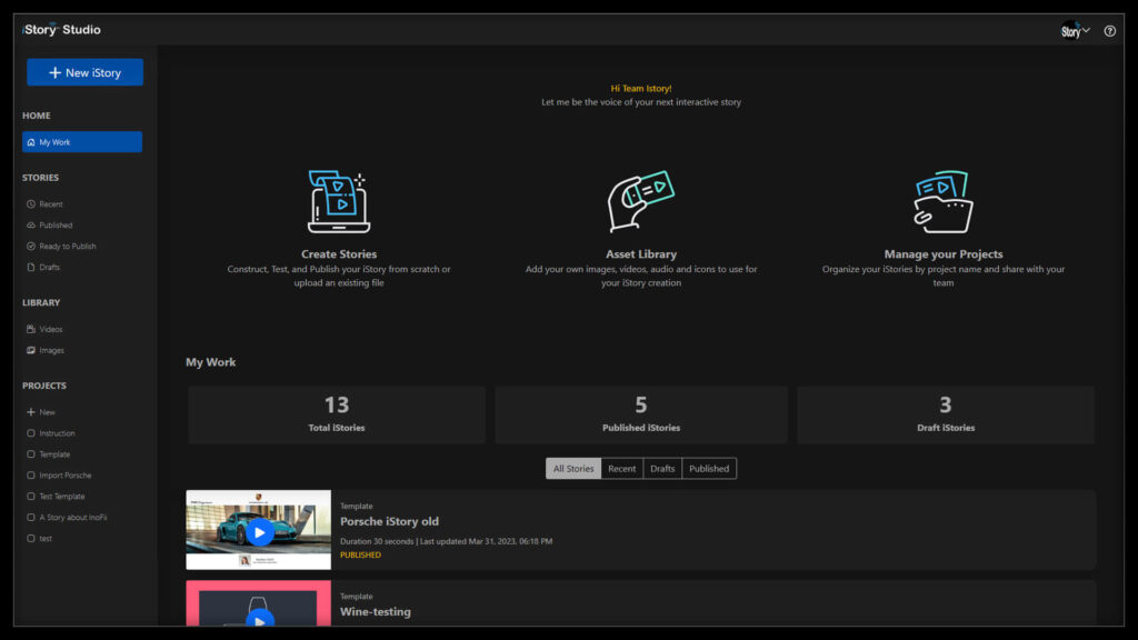 iStory-Interactive Storytelling tool homepage Displaying tools functions, created stories and work information