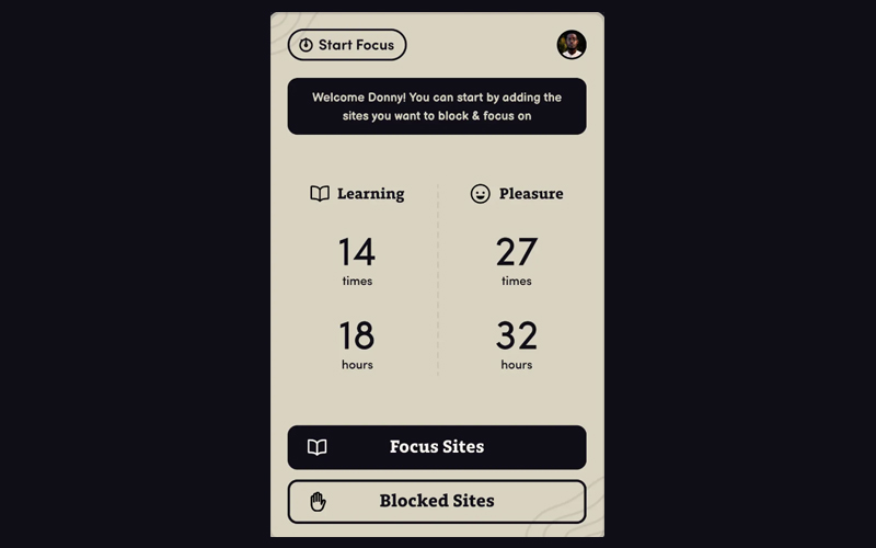 Intentio Home Interface showcasing time spent by the user on productive websites and pleasure and unproductive websites
