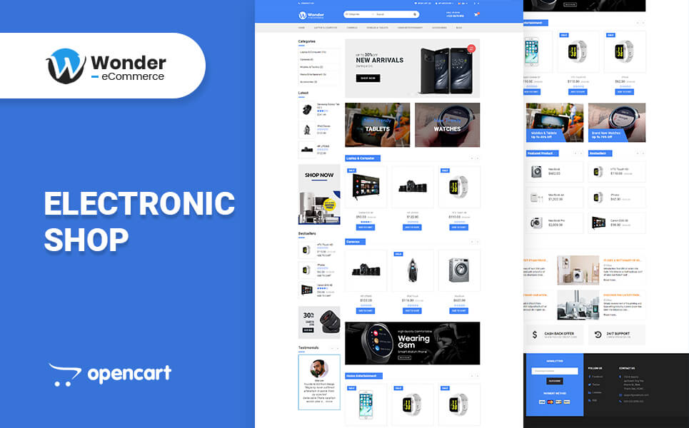 open cart theme displaying a electronic store themed webpage displaying electronic products