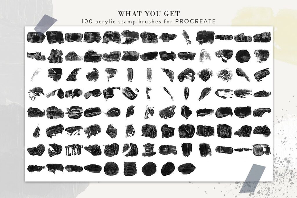This image is displaying the 100 strokes included in 100 acryclic brush -procreate brushes pack