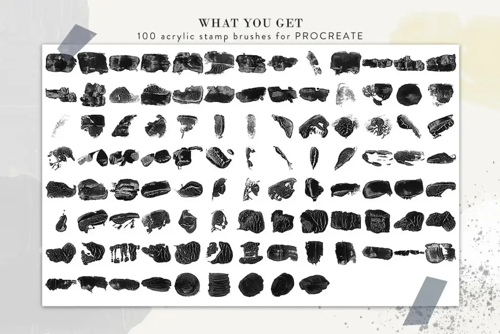 This image is displaying the 100 strokes included in 100 acryclic brush -procreate brushes pack