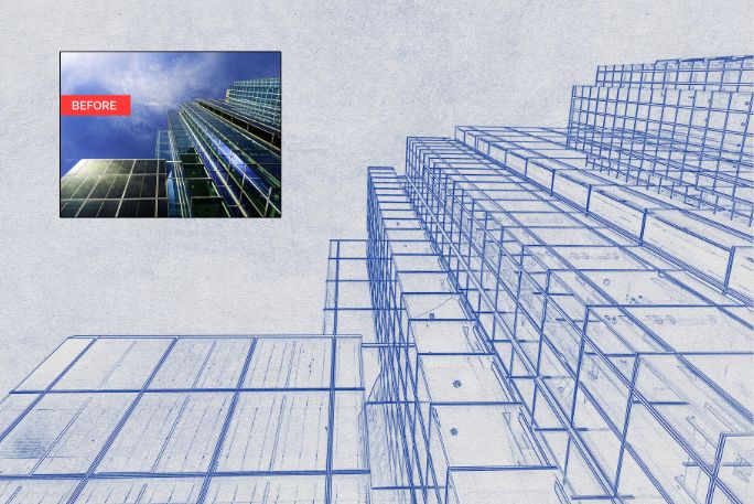 a collage 2 photos, architectural blueprint and it's mockup -high Quality Photoshop action