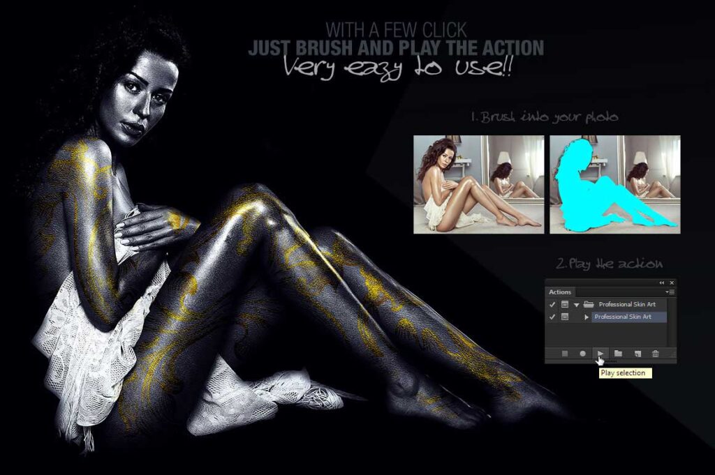 An image displaying the before and after picture of the body paint effect to a female model