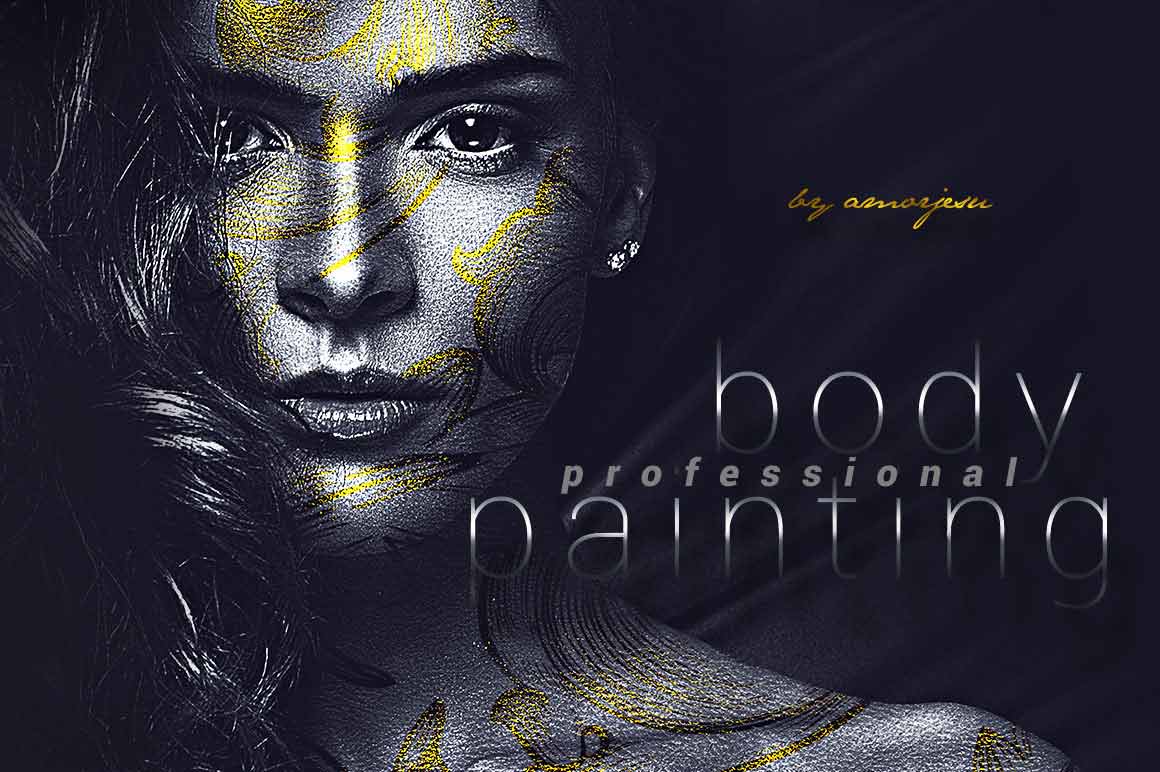 An image displaying the before and after picture of the body paint effect to a female model