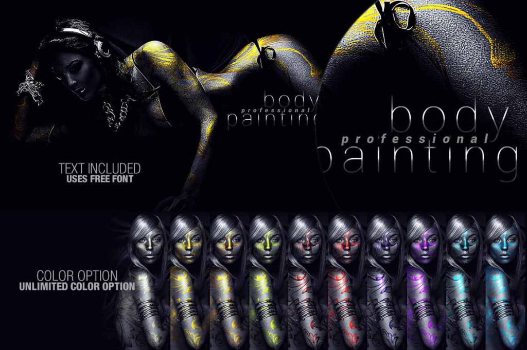 This image displays the various colour options available in body painting effect