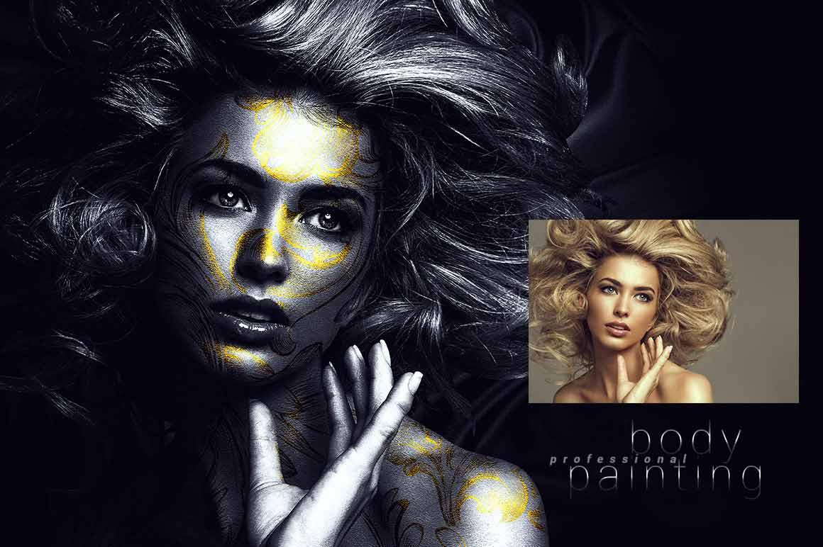 Striking body painting effect in vibrant colors.