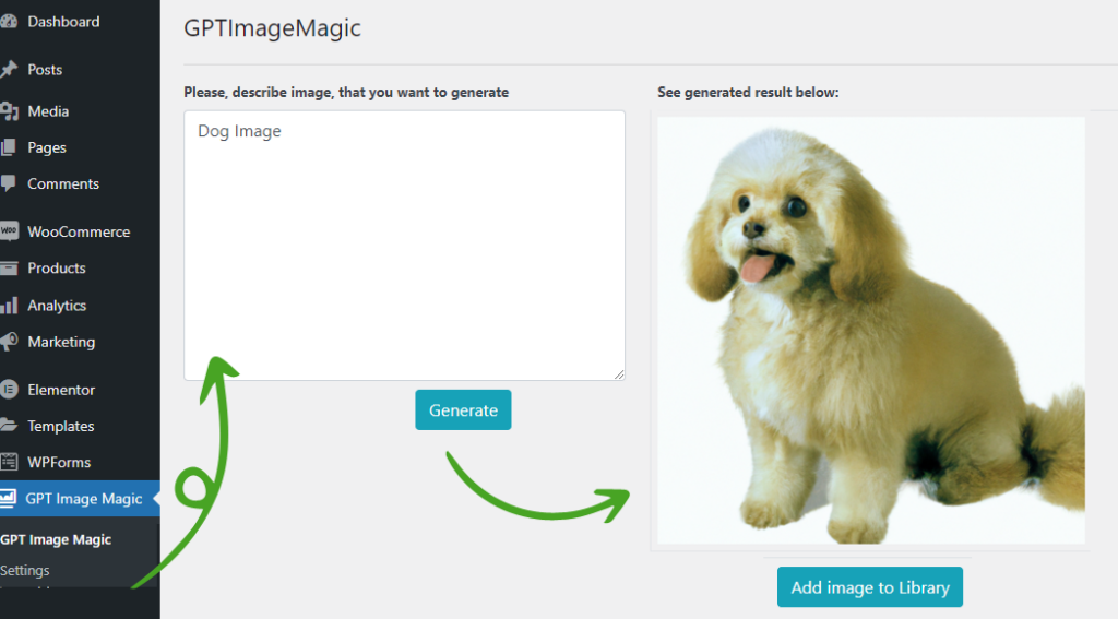 GPTImageMagic-preview images showcasing image generation steps on the plugin after installation in wordpress