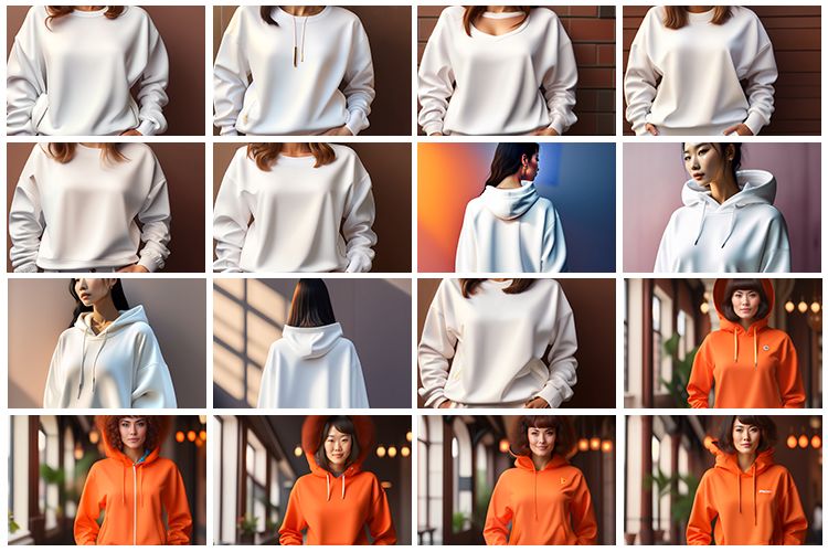 collage of white and orange sweatshirts and hoodies