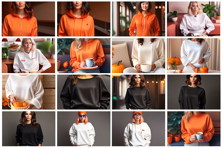 Image Collage of young women wearing white, orange and black full sleeved tshirts