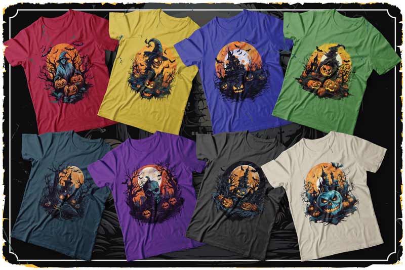 A collage of t-shirts with skulls on it - halloween graphic tees