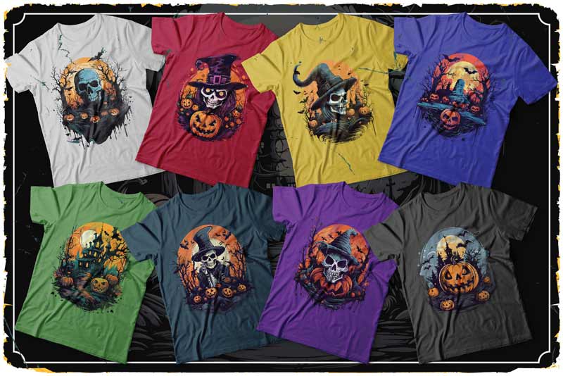 A collage of t-shirts with scary skulls on it