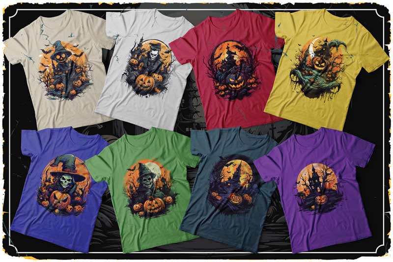 A collage of t-shirts with scary pumpkins on it