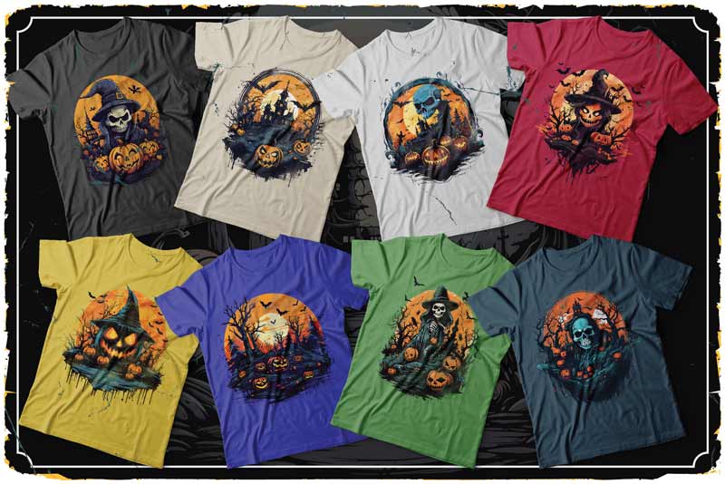 A collage of t-shirts with spooky skulls on it