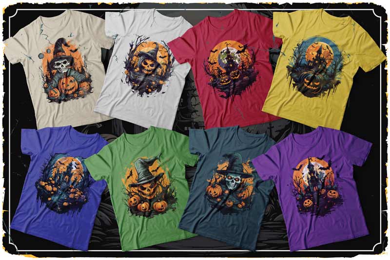 A collage of Halloween t-shirt designs with halloween designs on it