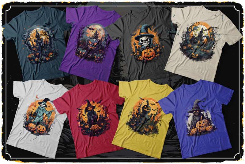 A collage of halloween t-shirts designs with spooky graphics on it