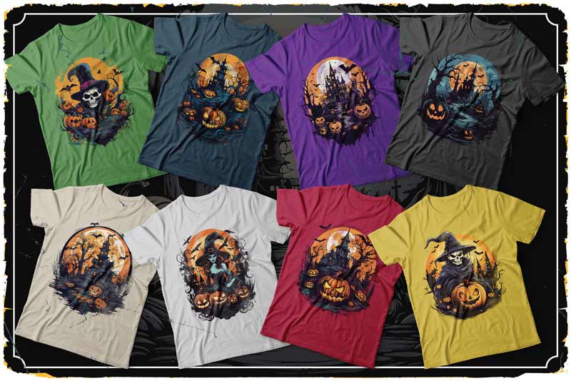 A collage of tshirts with haunted graphics on it