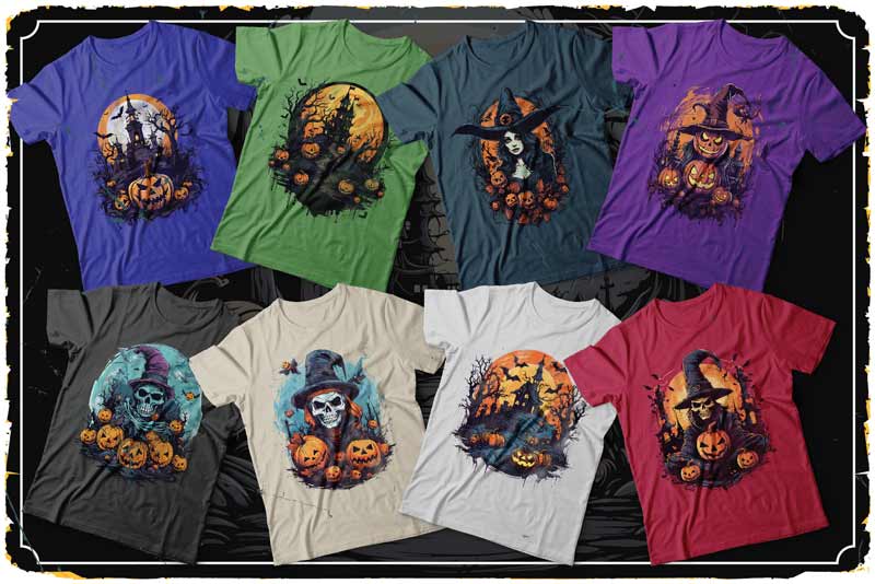 A collage of tshirts with spooky illustrations on it