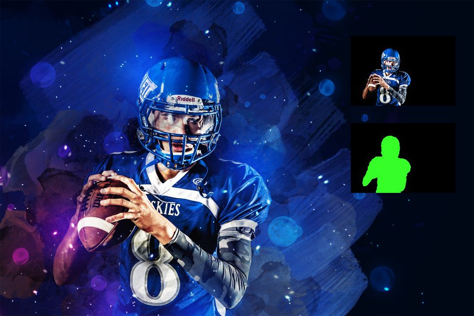 blue colored art of a rugby player holding a ball.