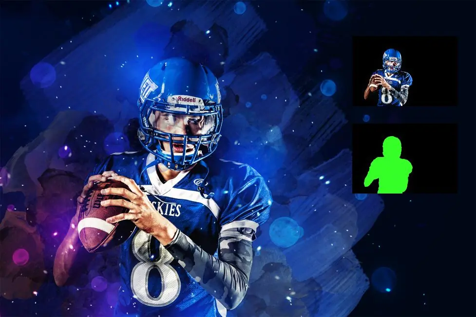 blue colored art of a rugby player holding a ball.